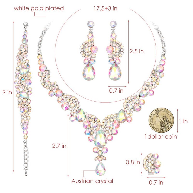 CSY Elegant Iridescent Crystal Necklace Earrings Bracelet Ring Bridal Wedding Costume Jewelry Sets for Brides Women Gifts (Iridescent AB Crystal - Silver tone) - Image 2